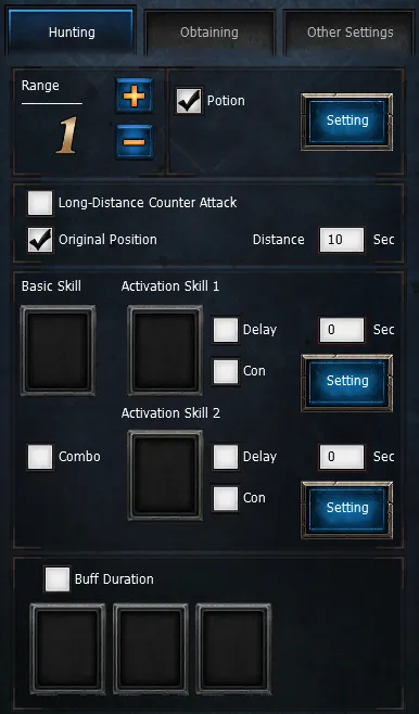 Abas de configurações do MU Helper